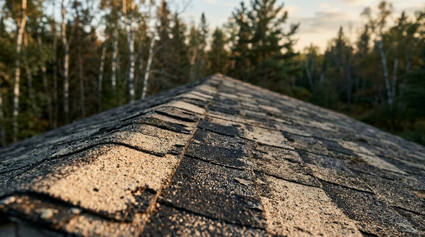 Close-up of weathered asphalt shingles along a roof ridge with a birch and pine treeline behind