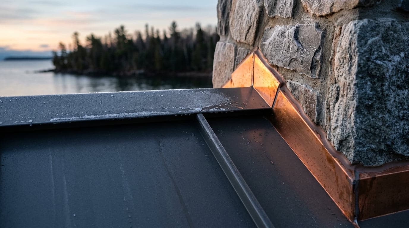 Frosted standing seam metal roof meeting a stone chimney with copper flashing, a lake shoreline behind