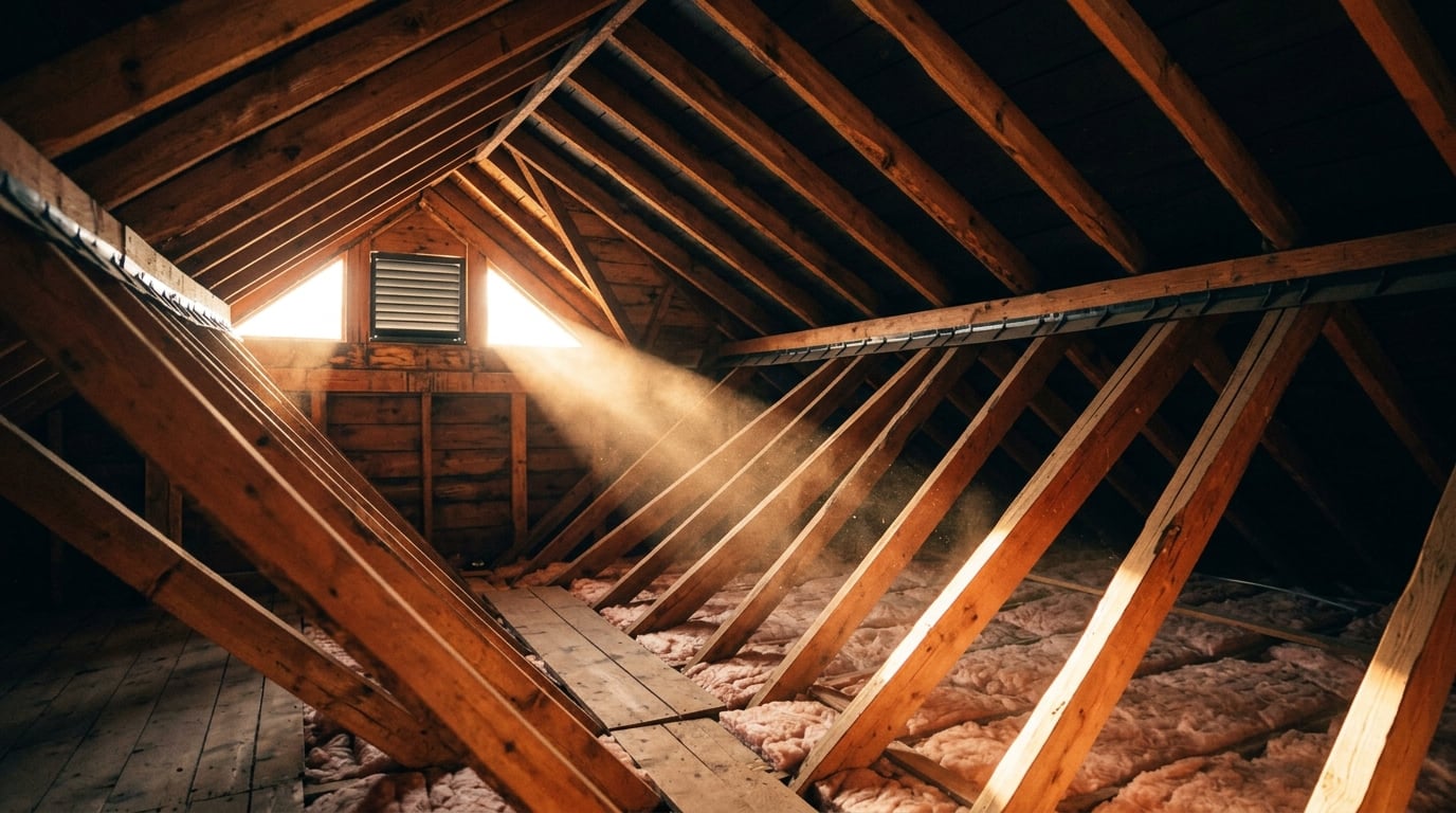 Sunlight streaming through a gable vent into a ventilated attic with exposed rafters and insulation