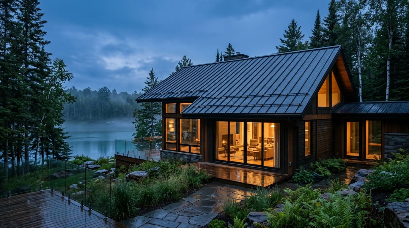 Lake home with a dark standing seam metal roof, wet from rain, glowing at dusk beside a misty lake