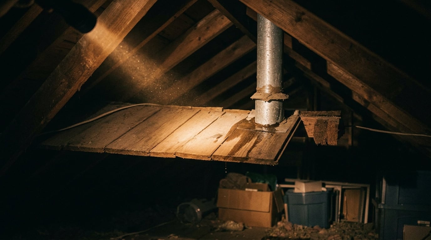 Flashlight beam in a dark attic revealing a water trail on the roof deck around a vent pipe