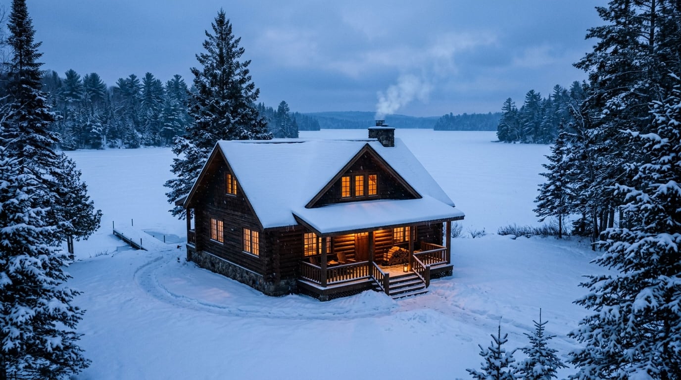 Log cabin with an even blanket of snow on its roof beside a frozen lake at dusk