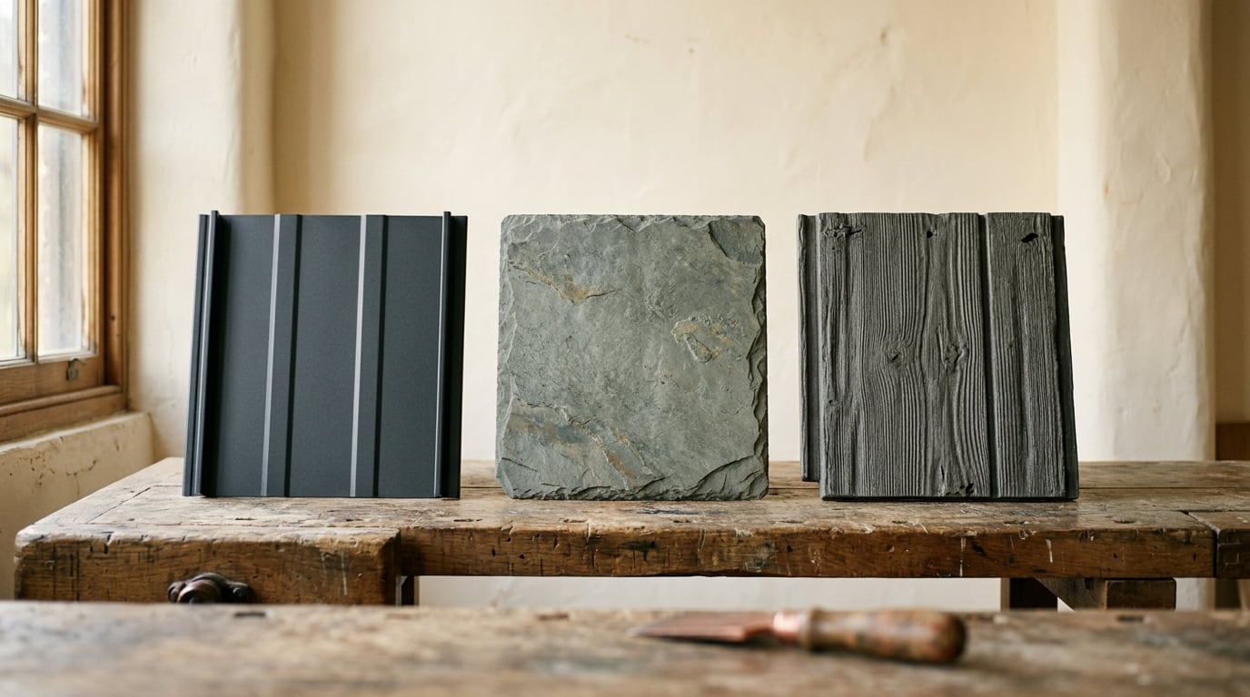 Standing seam metal, natural slate, and composite shake samples side by side on a workbench