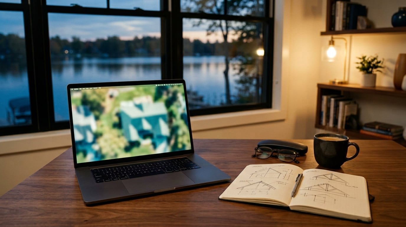 Laptop showing an aerial view of a roof beside a notebook of roof sketches, with a lake at dusk outside the window