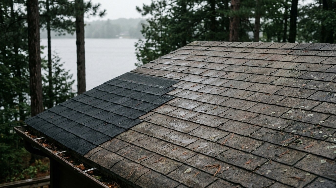 Wet, weathered shingle roof with one freshly replaced dark section standing out, a misty lake behind the pines