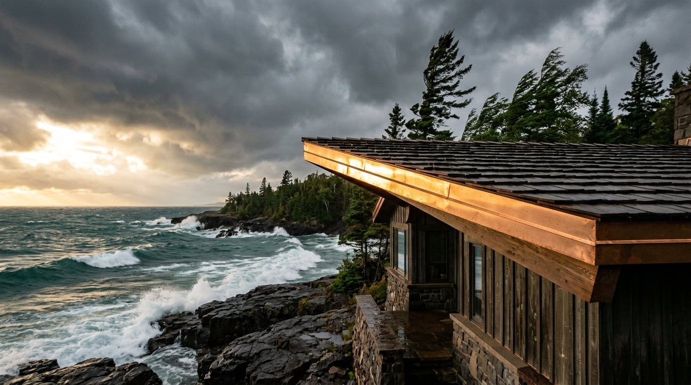 Copper roof edge on a shoreline home as waves break on dark rocks under a stormy sky