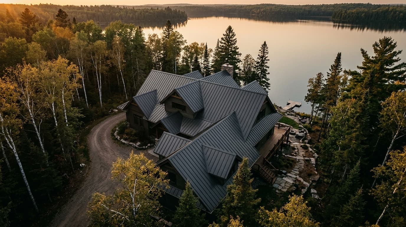 Aerial view of a lake home with a charcoal standing seam metal roof, its many gables and dormers lit by low evening sun