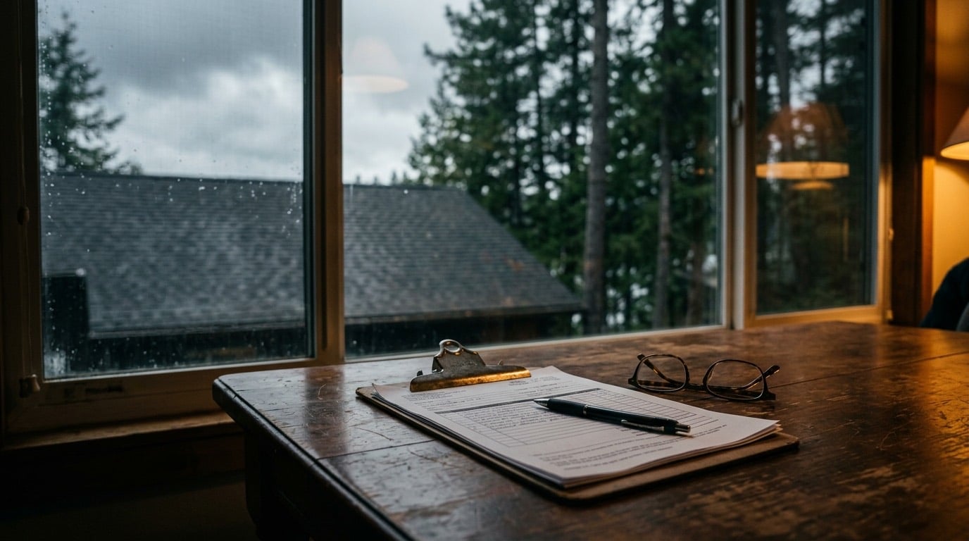 Roofing estimate on a clipboard with a pen and reading glasses on a wooden table, a rain-wet shingle roof outside the window