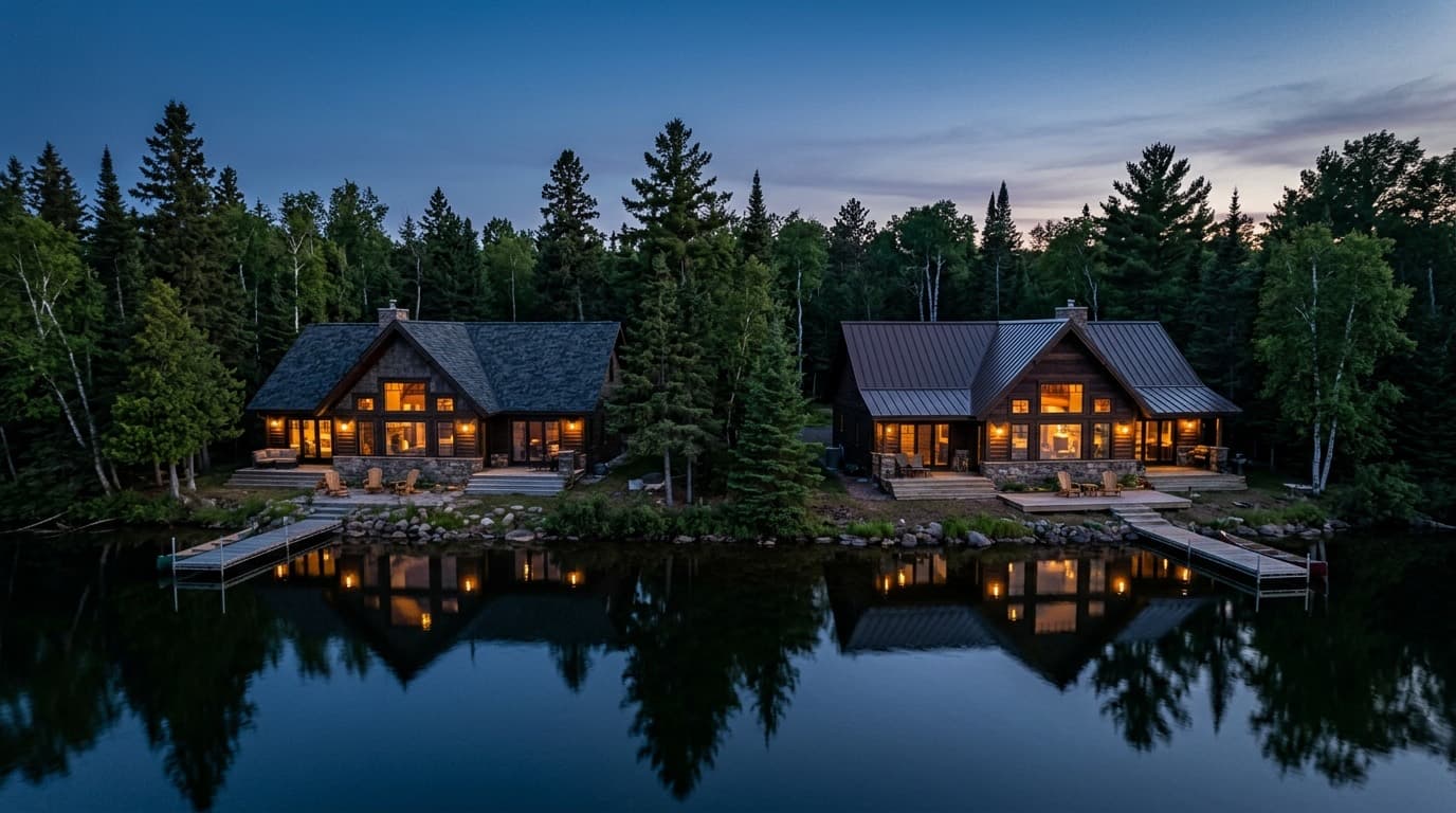 Two neighboring lake homes at dusk, one with an asphalt shingle roof and one with a bronze standing seam metal roof